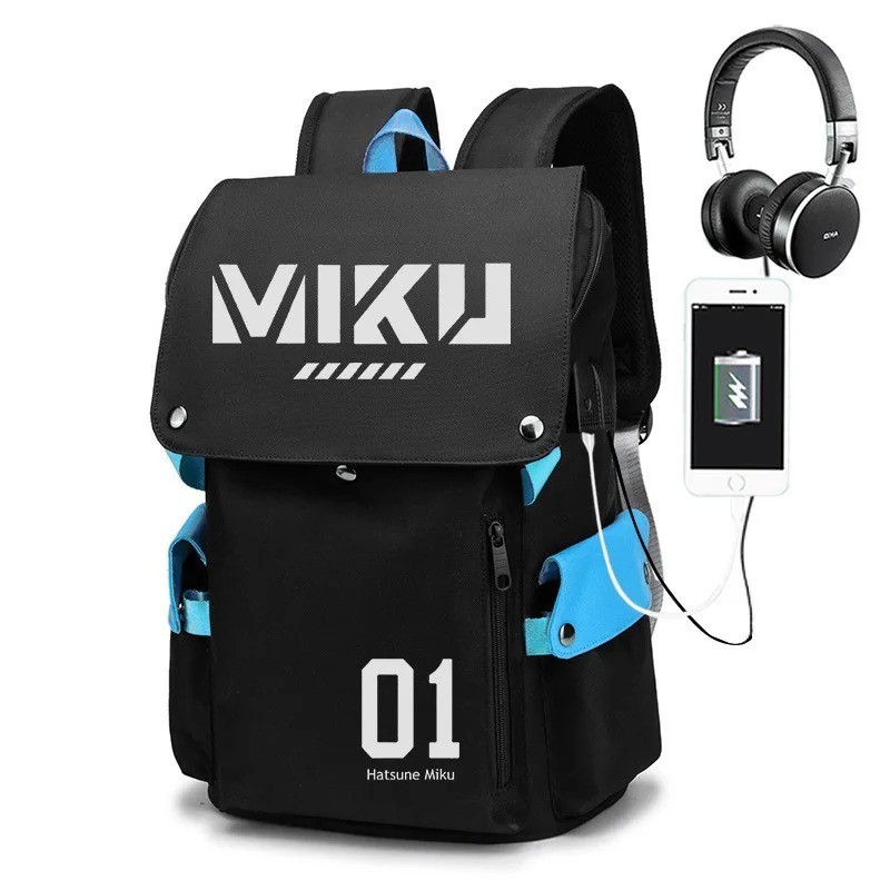 Hatsune Miku Anime Backpack Large Capacity School Bag USB Port Black NEW
