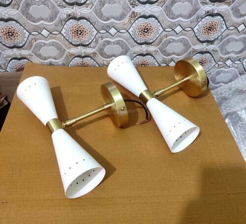 Handmade Brass Wall Sconce Reading Lamp - Beautiful Pair, White Shade
