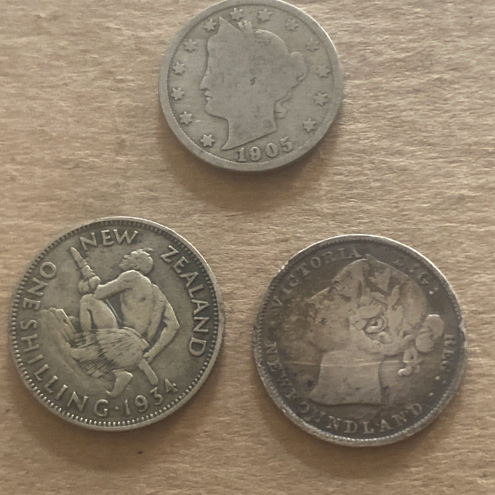 Lot 3 Silver Coins -1894 Canada 20 Cent- 1905 Liberty V- 1934 New Zealand Shilli