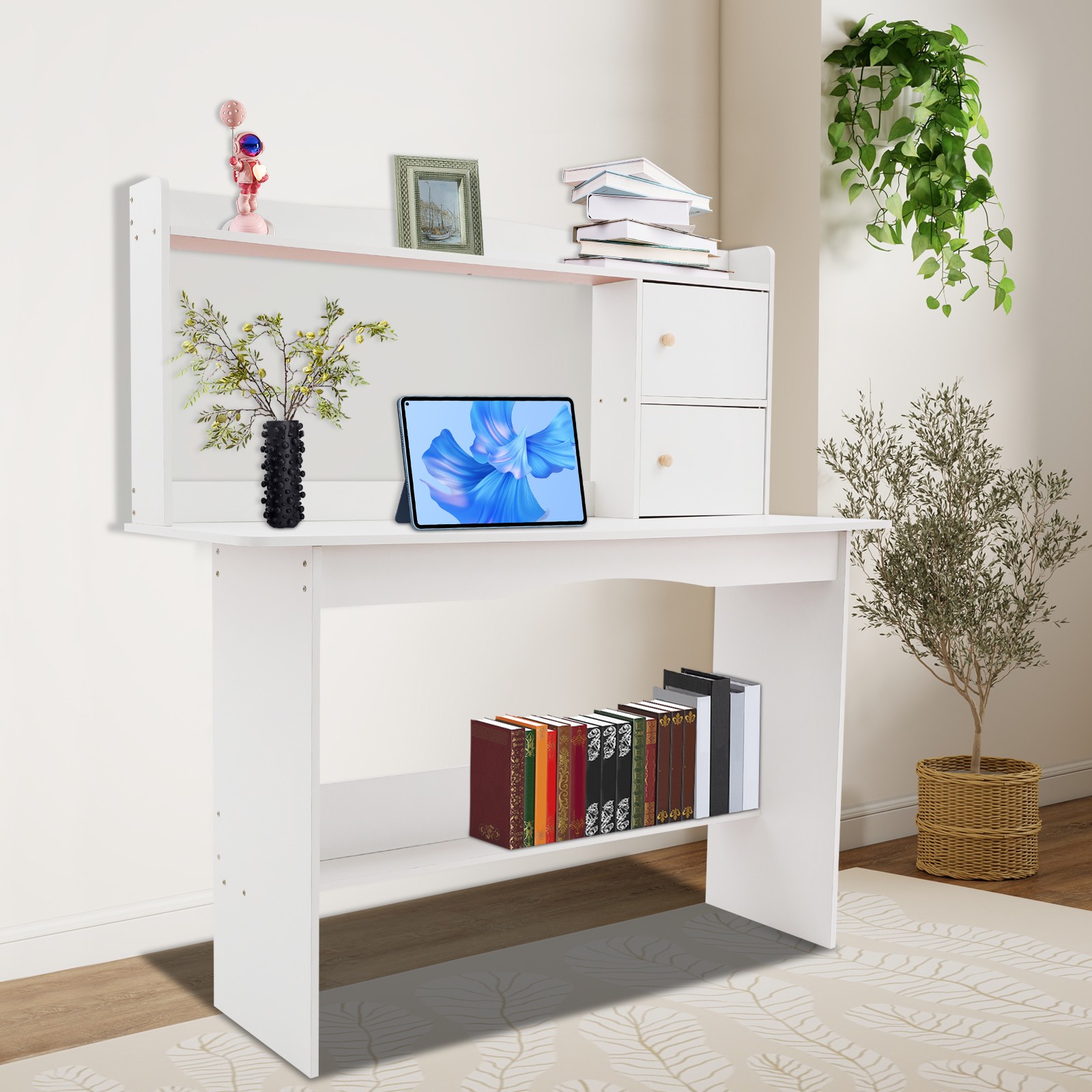 White Computer Desk with 2-tier Shelves, Writing Study Desk for Home Office