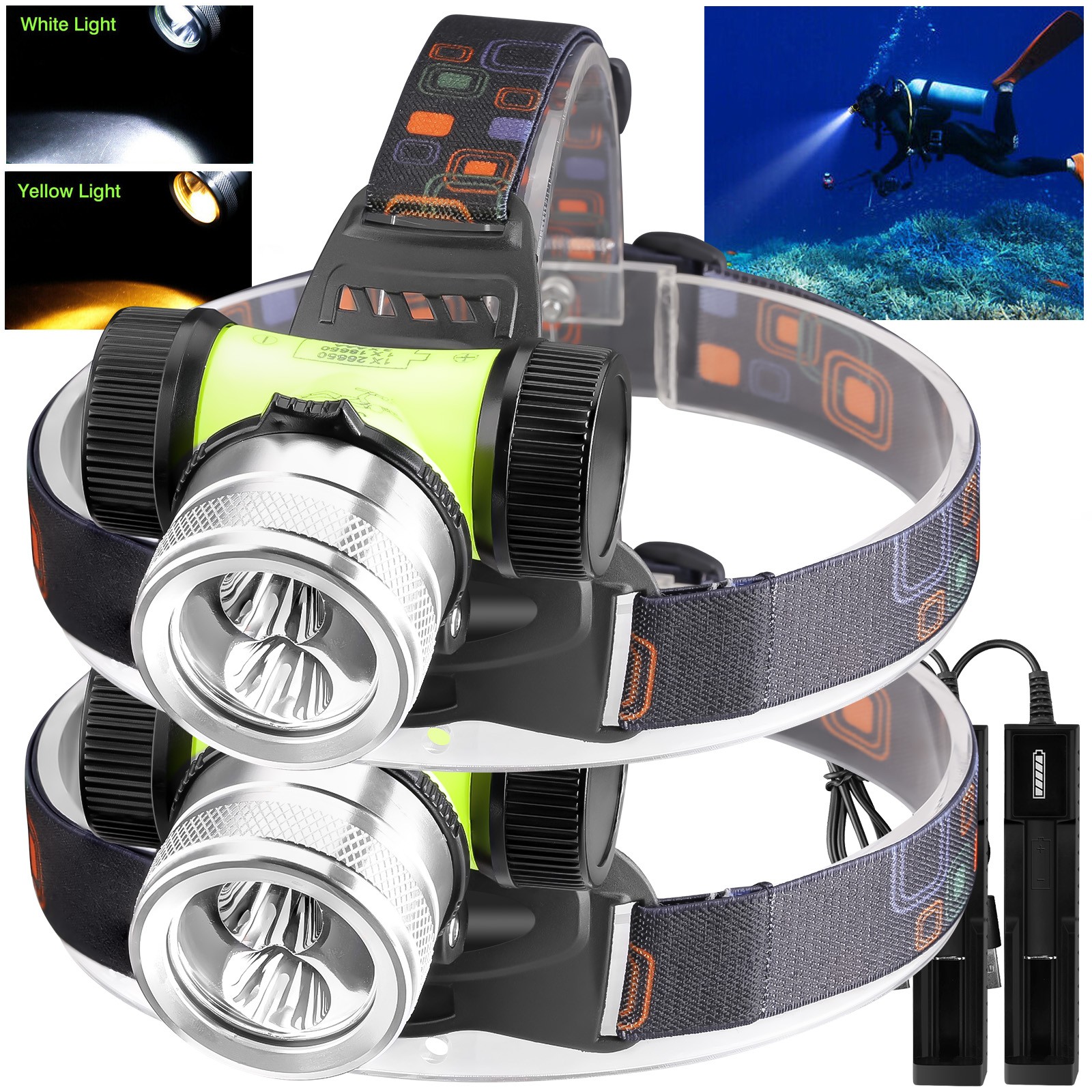2PACK Scuba Diving LED Headlamp Yellow + White Light Underwater 262ft Waterproof