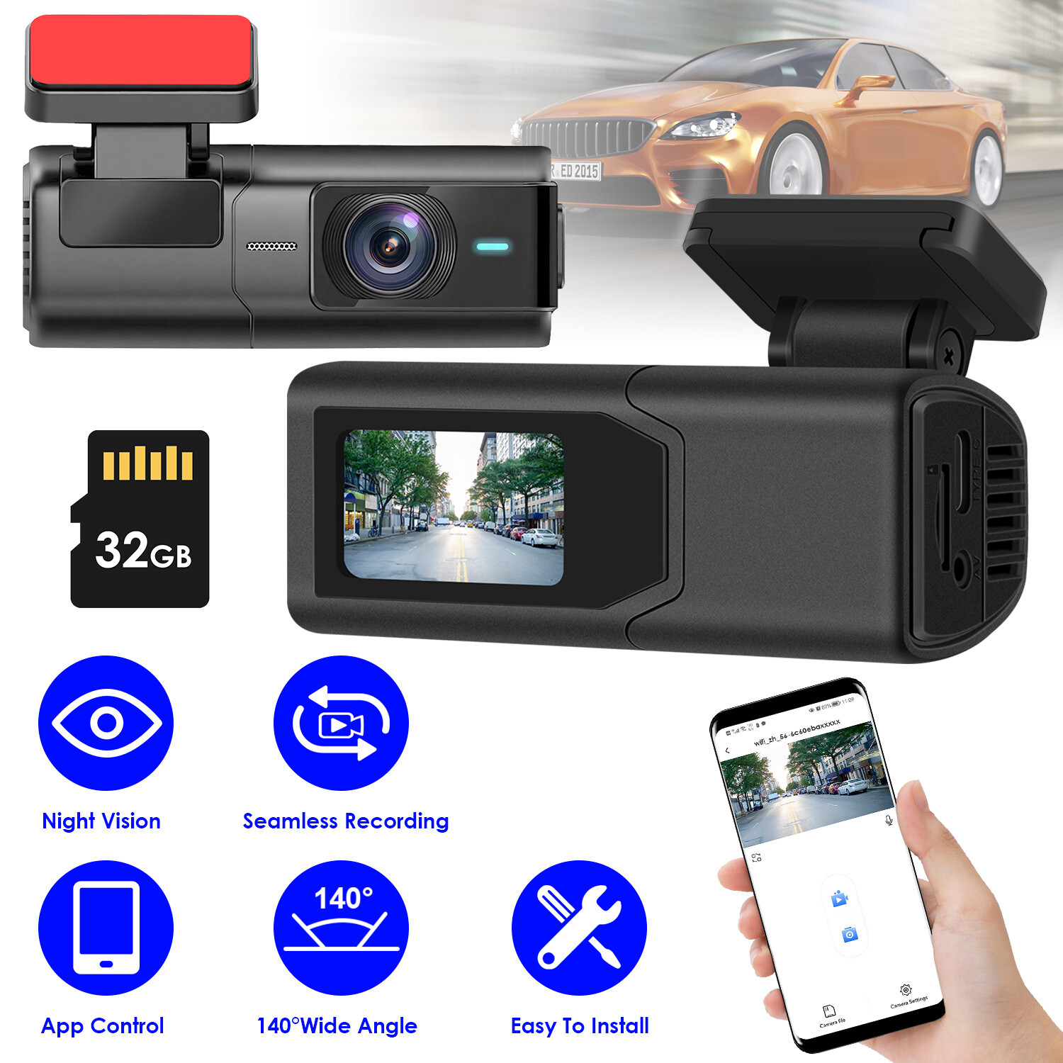 2K Dual Dash Camera for Cars, Free 32G SD Card and 140° Wide Angle WiFi App