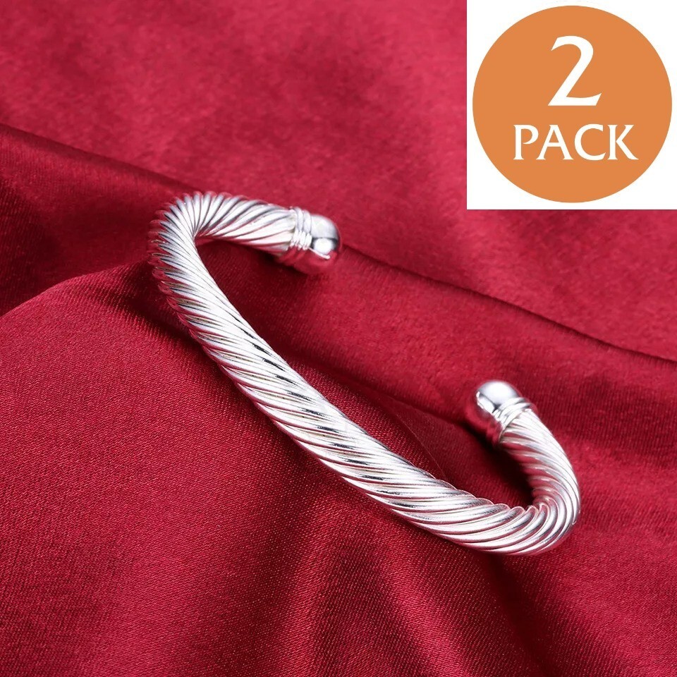 2x Women's 925 Sterling Silver Twisted Cable Open Cuff Bangle Fashion Bracelet