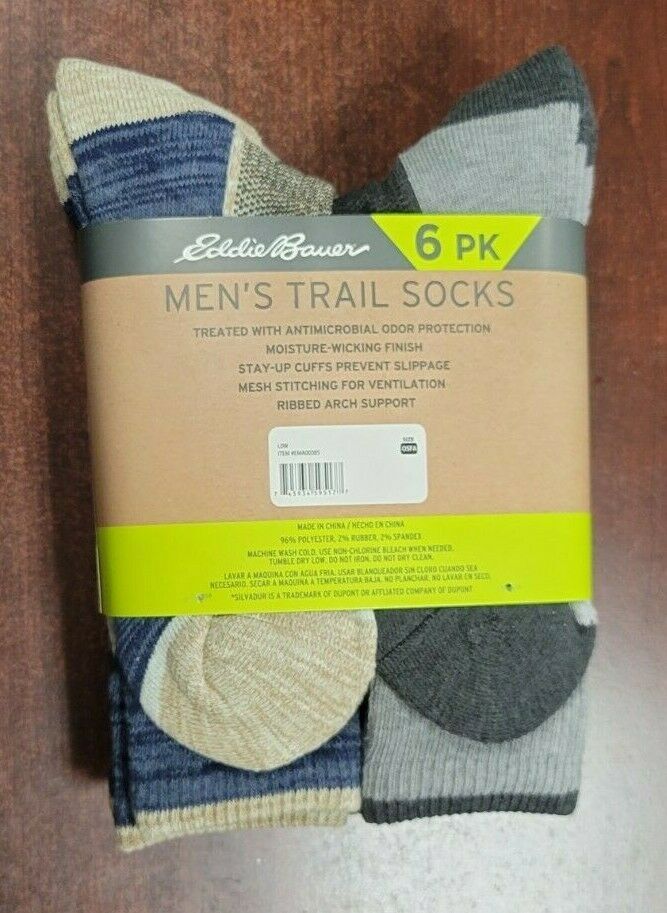 Eddie Bauer Men’s 6 Pairs Trail Socks Arch Support size 6-12 Grey/Blue (NEW)