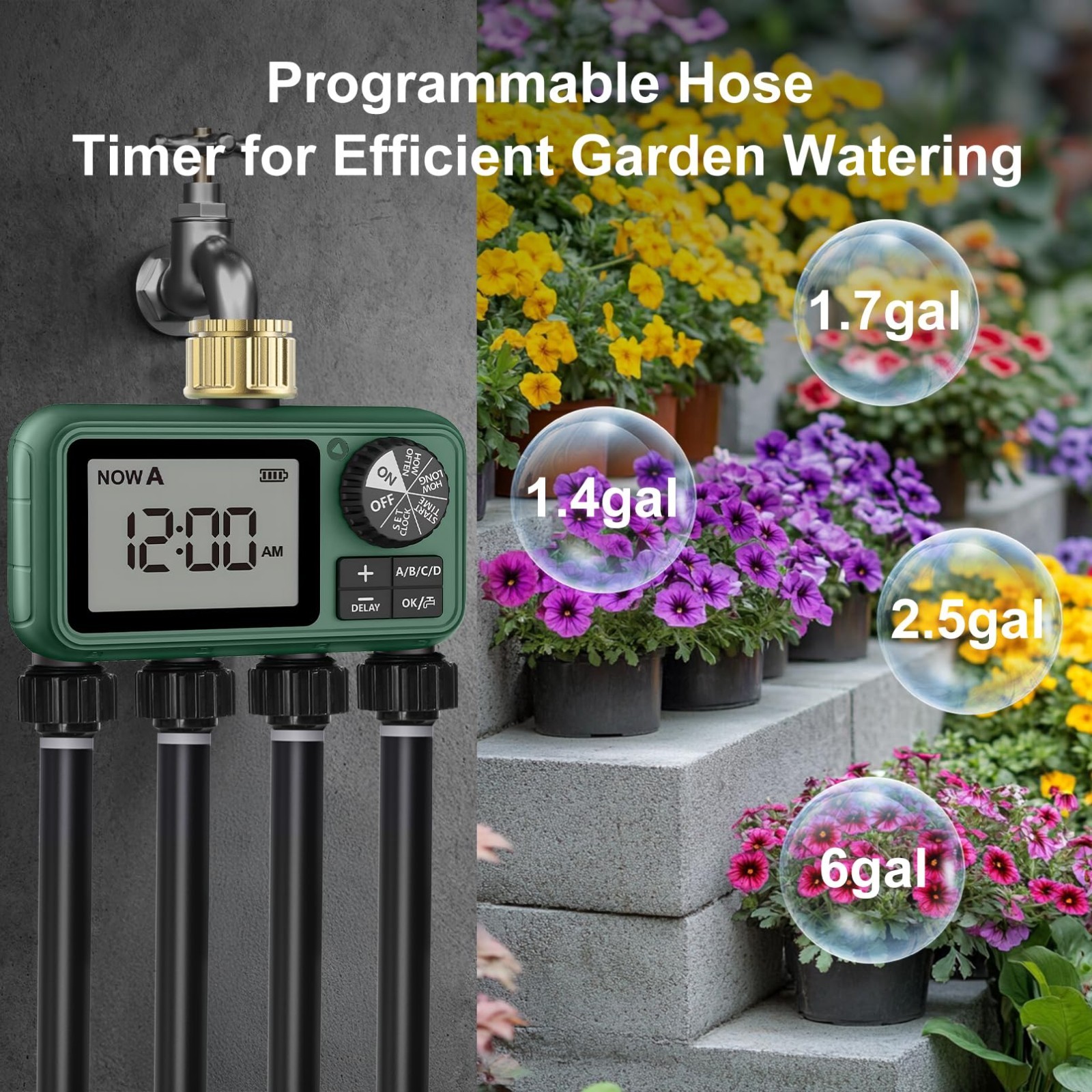 Water Timer with 4 Outlet for Garden Lawn– Programmable Irrigation Controller