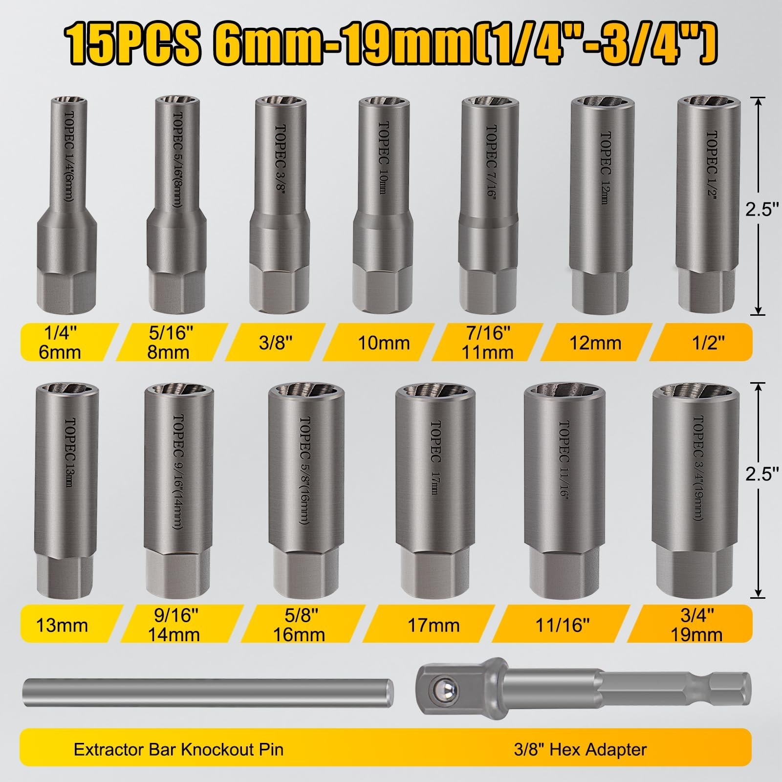 Topec 15PCS Deep Bolt Extractor Kit, 6mm-19mm Nut Extractor Socket Set, 3/8" ...
