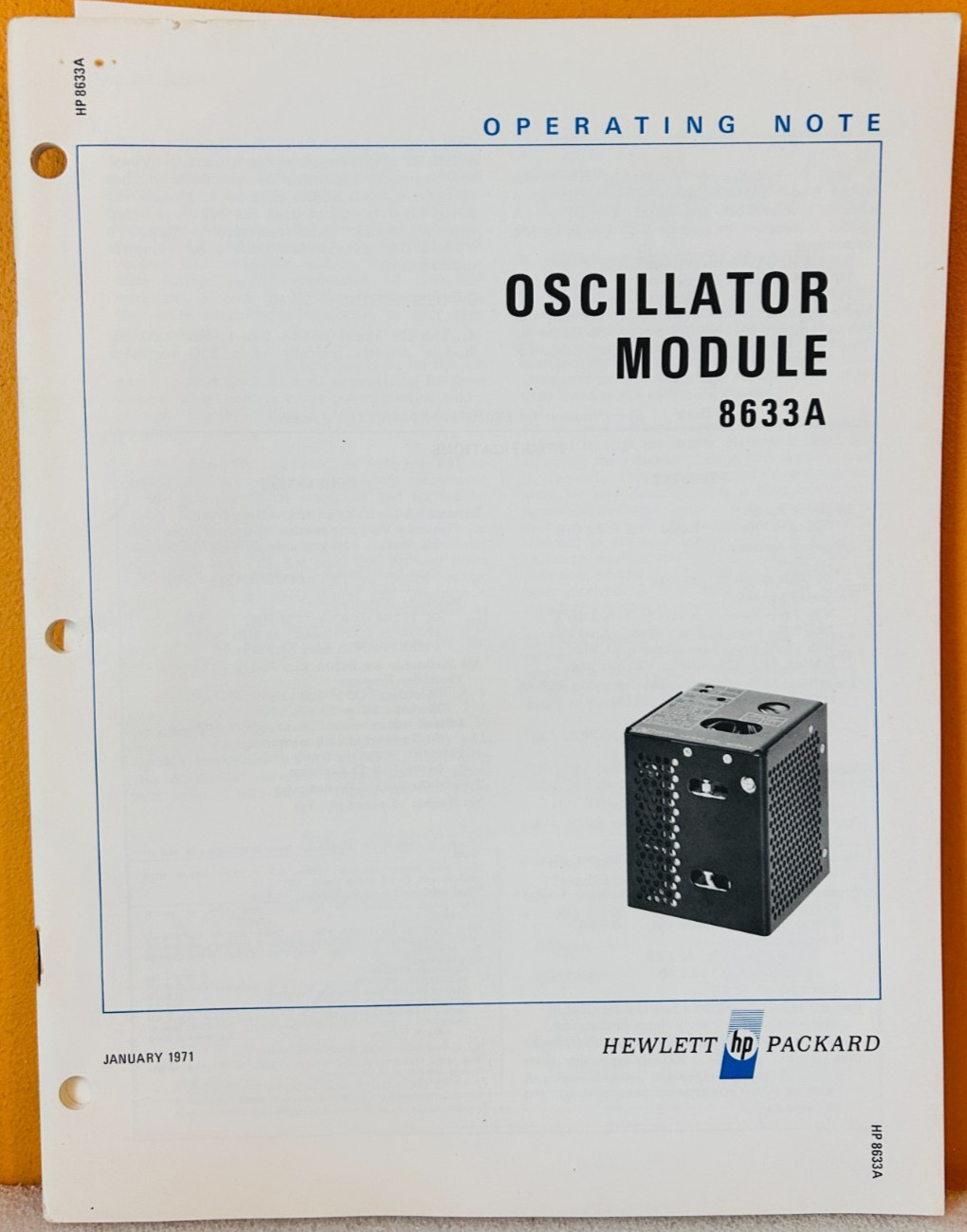 HP 08633-90004 1971 Model 8633A Oscillator Module Operating Note Manual.