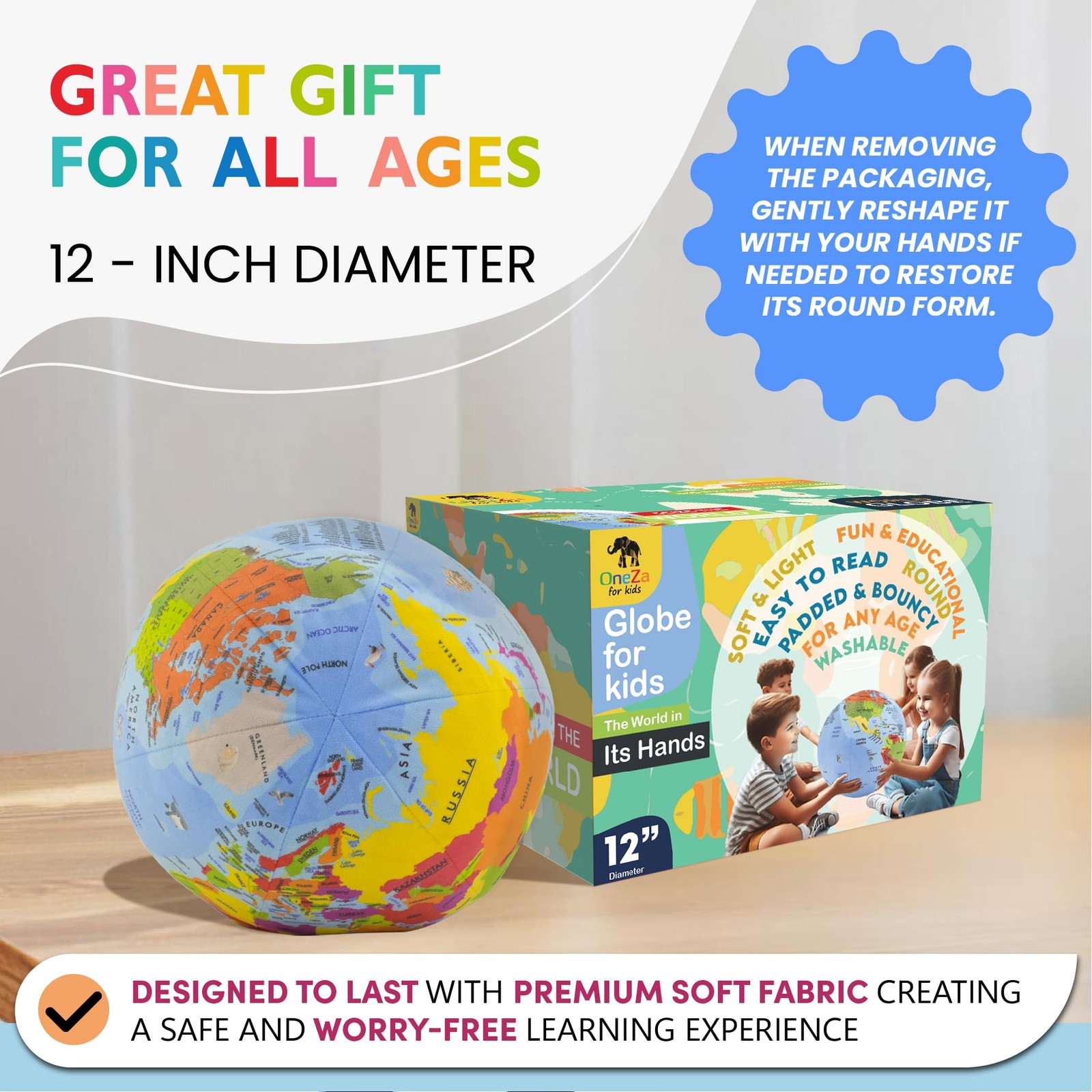 OneZa 12” Soft World Globe for Kids | Fun & Educational, Playfully Colored wi...