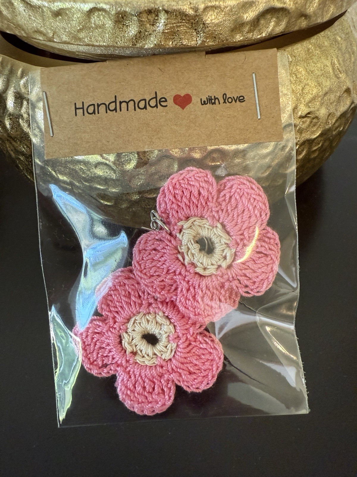 Pink Flowers Earing Crochet Hand Made 100% Cotton Made In USA