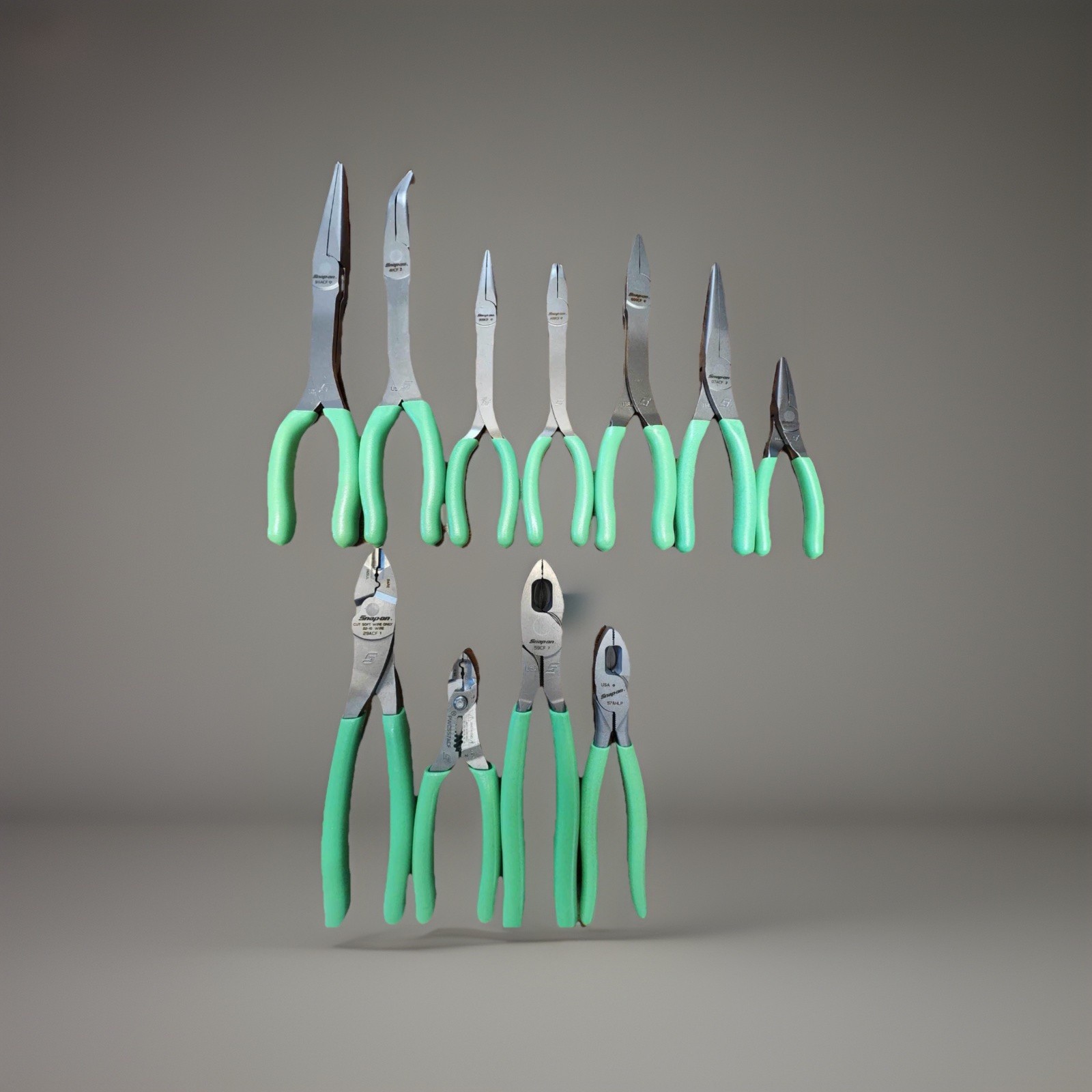 New Snap On 11 pc GREEN Grip Plier Set - NEEDLE NOSE CUTTERS AND LINESMANS