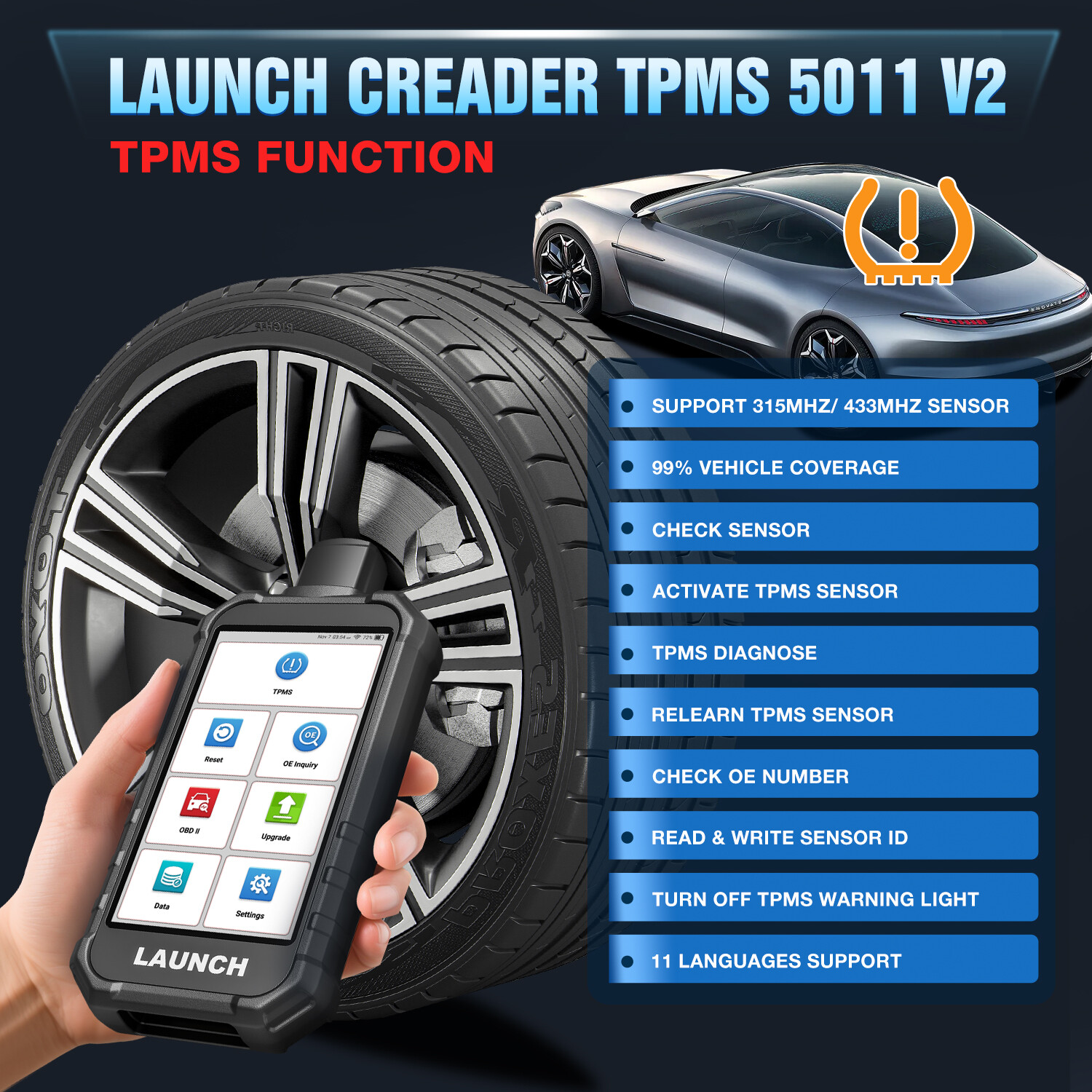 2025 LAUNCH X431 Creader 5011 V2 TPMS Tool Sensor Activate Relearn Reset Scanner
