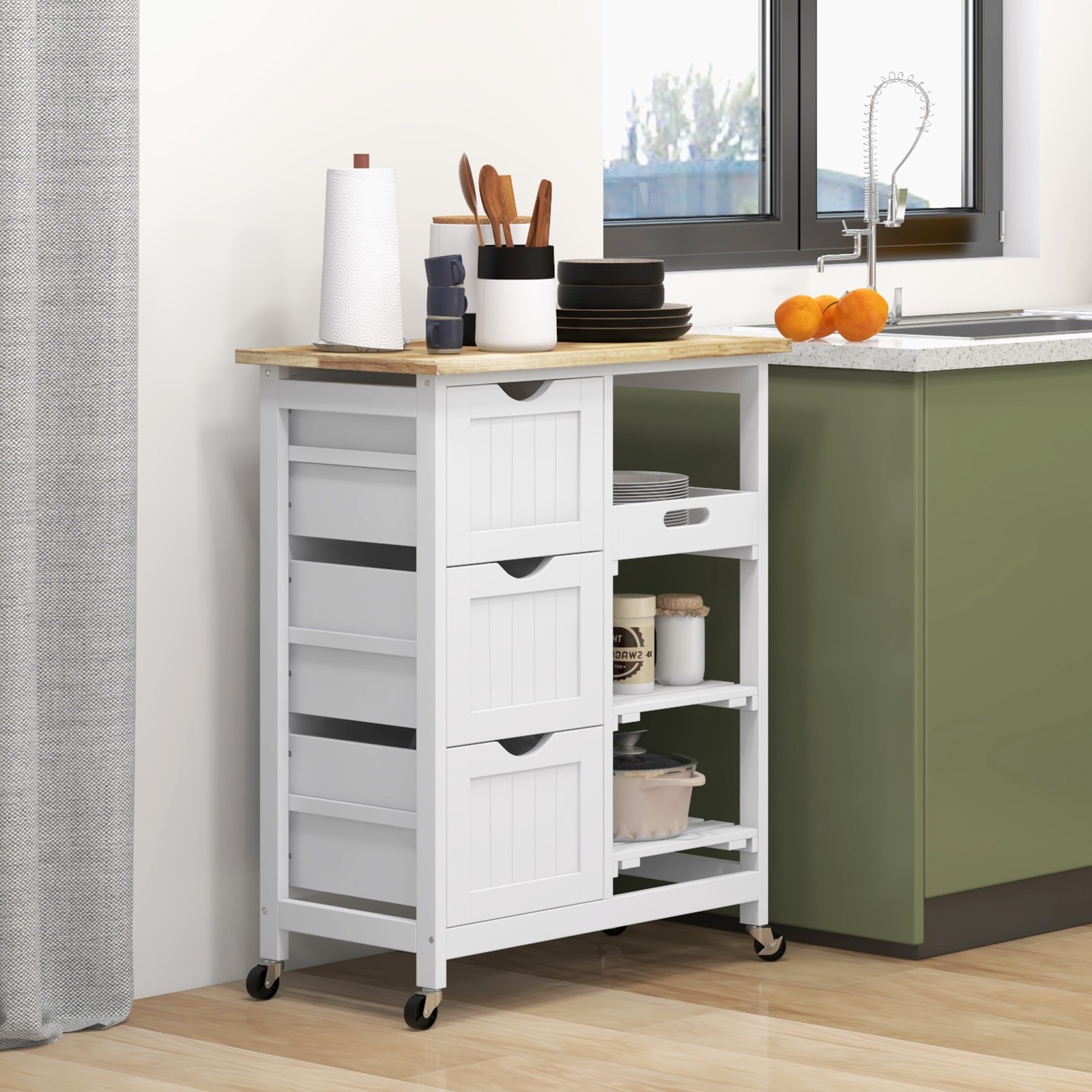 Rolling Kitchen Island Cart, Bar Serving Cart with Drawers, White