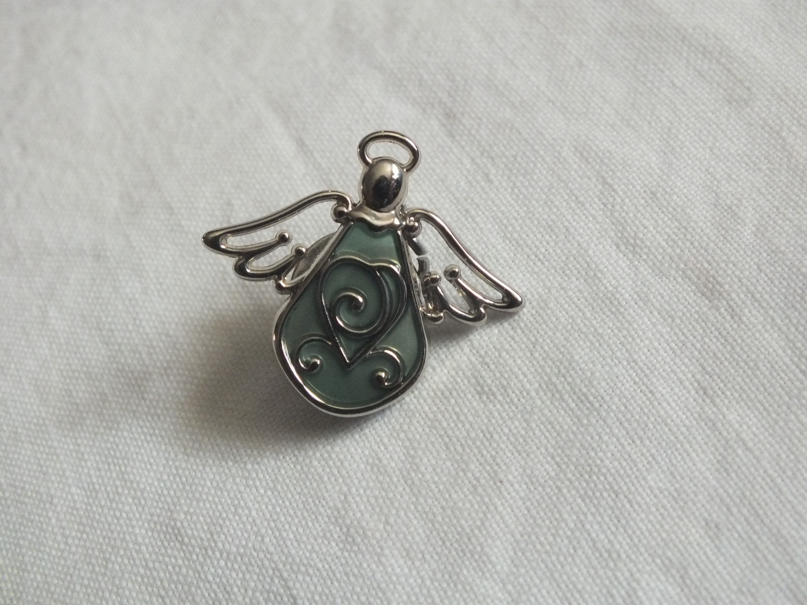 Beautiful Brooch Pin Silver Tone Angel Sage Green Inset 1 x 1 1/8" NICE