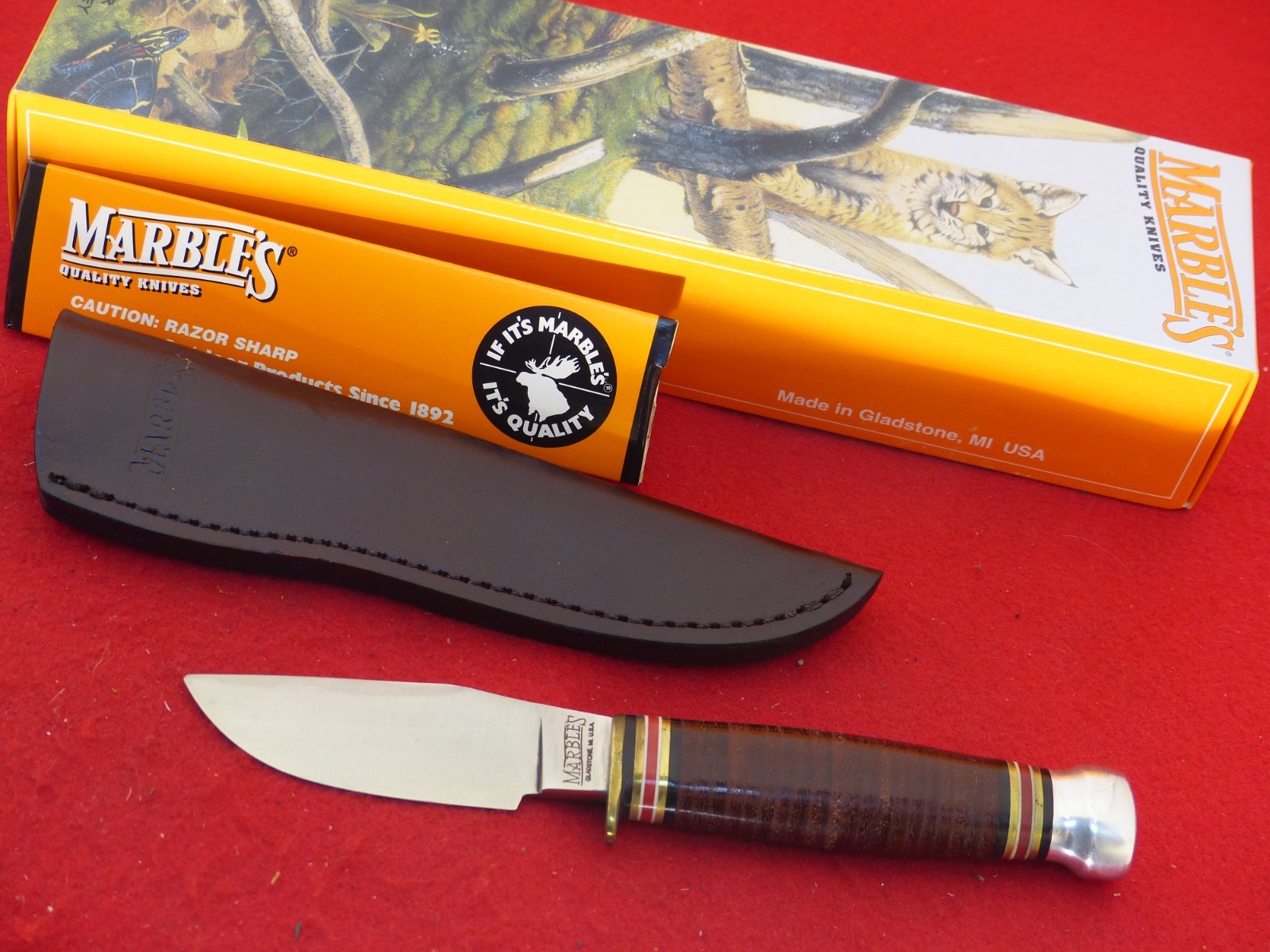 Marbles Gladstone USA mint in box Trailcraft fixed blade leather/aluminum knife
