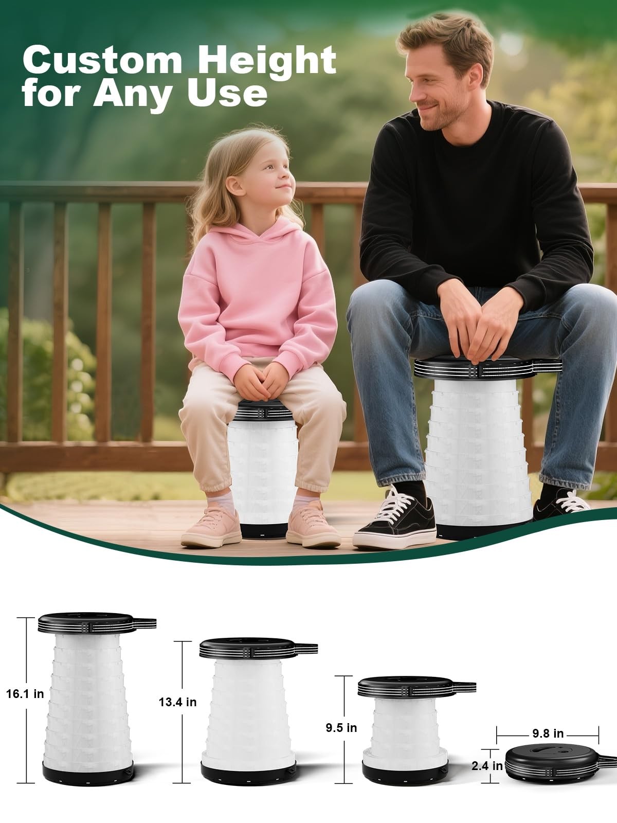 Collapsible Camping Stool with Lights, Adjustable Height, Portable Folding Chair