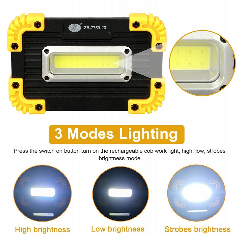 LED COB Work Light USB Rechargeable Spotlight Floodlight Camping Emergency Torch