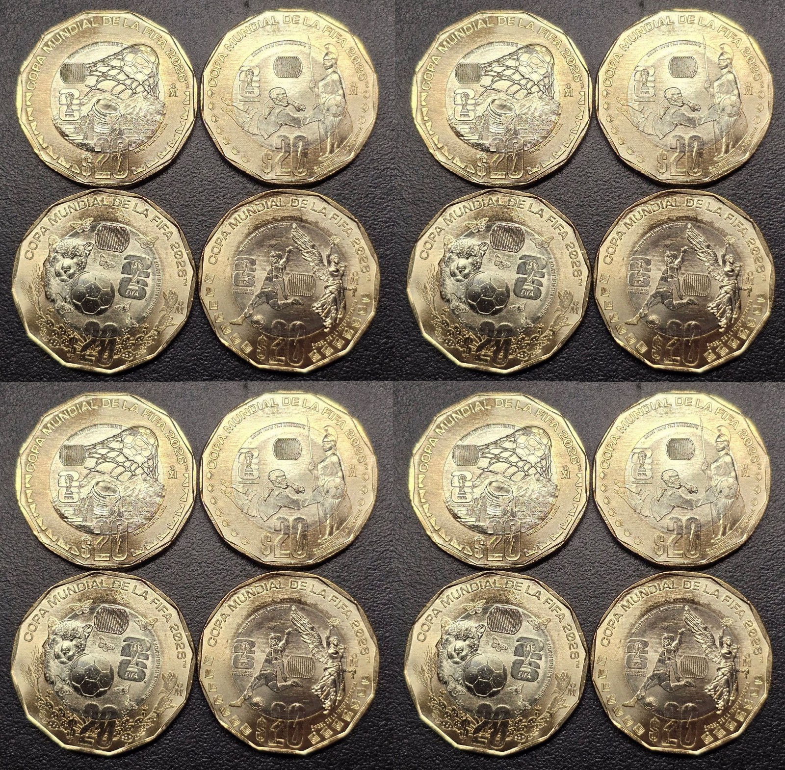 MEXICO 2026 $20 WORLD SOCCER CUP 4 sets of  4 diff.  BIMETALLIC coins BU 16 pcs.