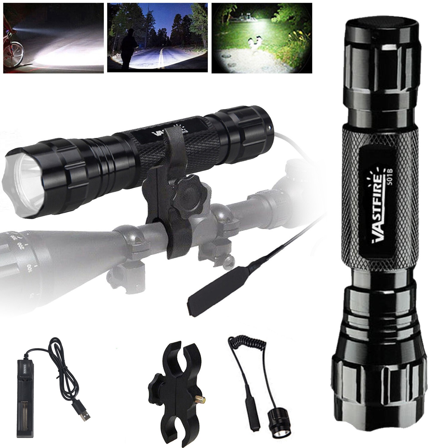 1000LM 501B LED Flashlight Hunting With Scope Mount 20mm Rail for Night Use