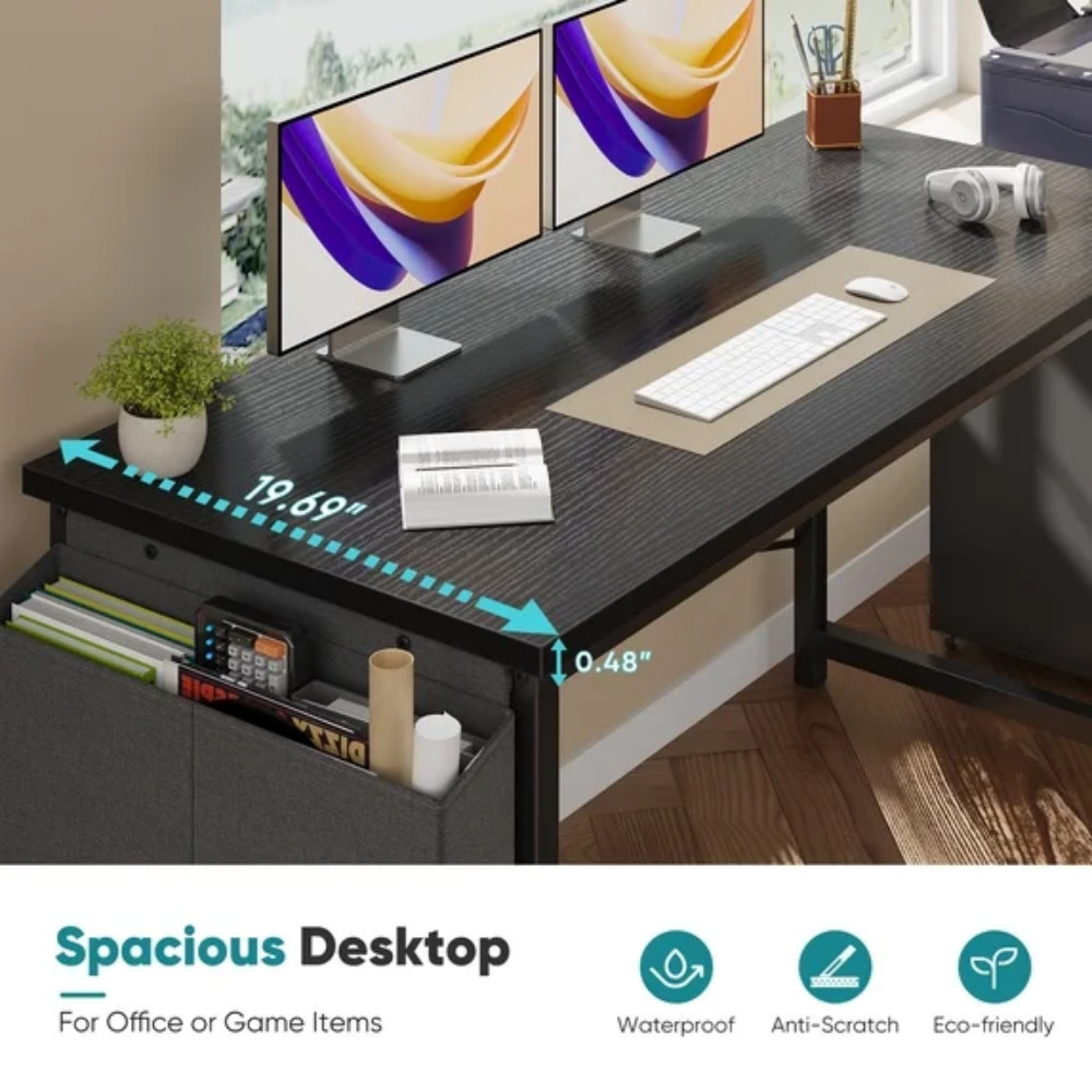 47" Computer Desk with Metal Frame Waterproof Surface and Storage Bag Black