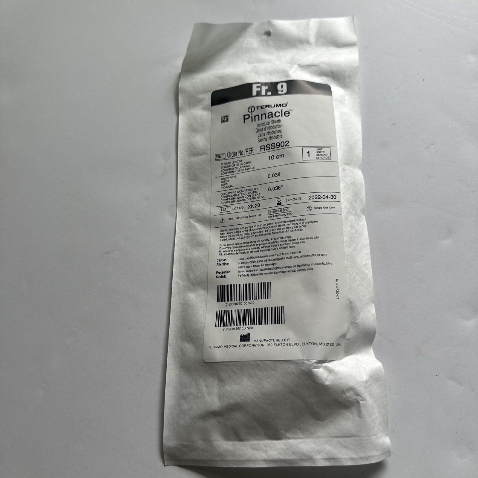 RSS902 SHEATH INTRODUCER 9FR 10CM 2.5CM DILATOR .038IN GUIDEWIRE