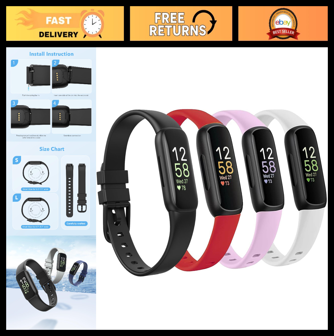 4 Pack Waterproof Replacement Bands for Fitbit Inspire 3, Soft Sports Wristbands