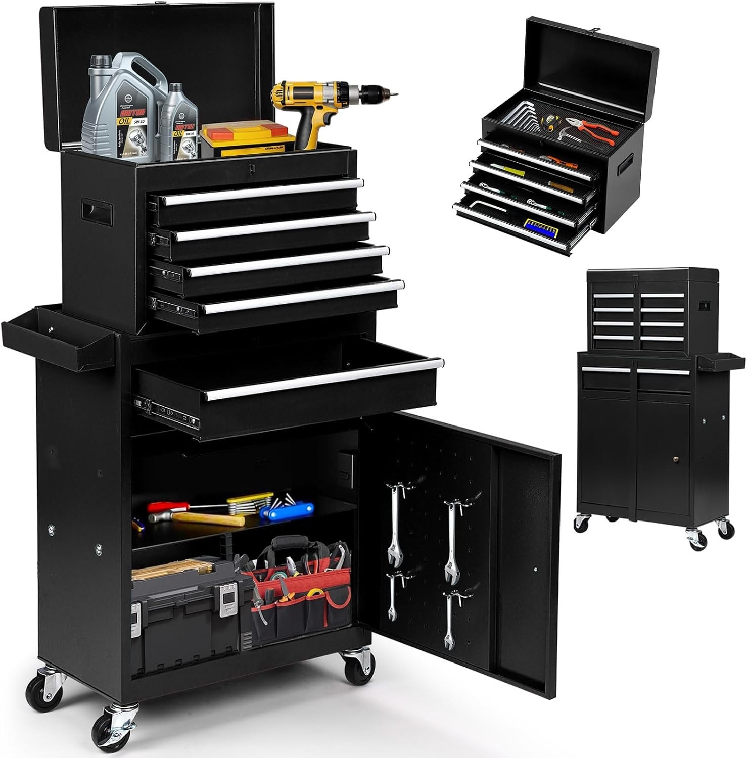 Clickoods 5-Drawer Rolling Tool Chest – 2-in-1 Lockable Tool Box