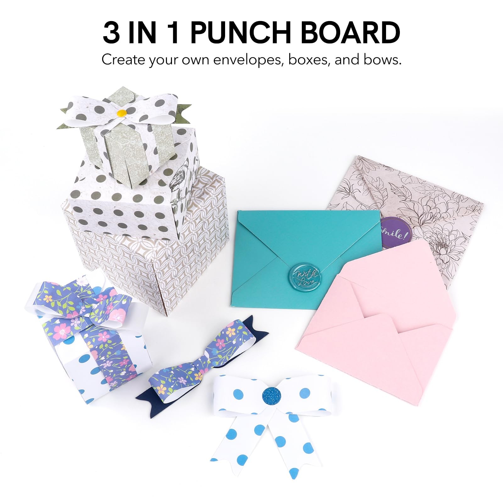 Envelope Punch Board, 3-in-1 Envelope Maker, Bows, Gift Box Punch Boards for Cra