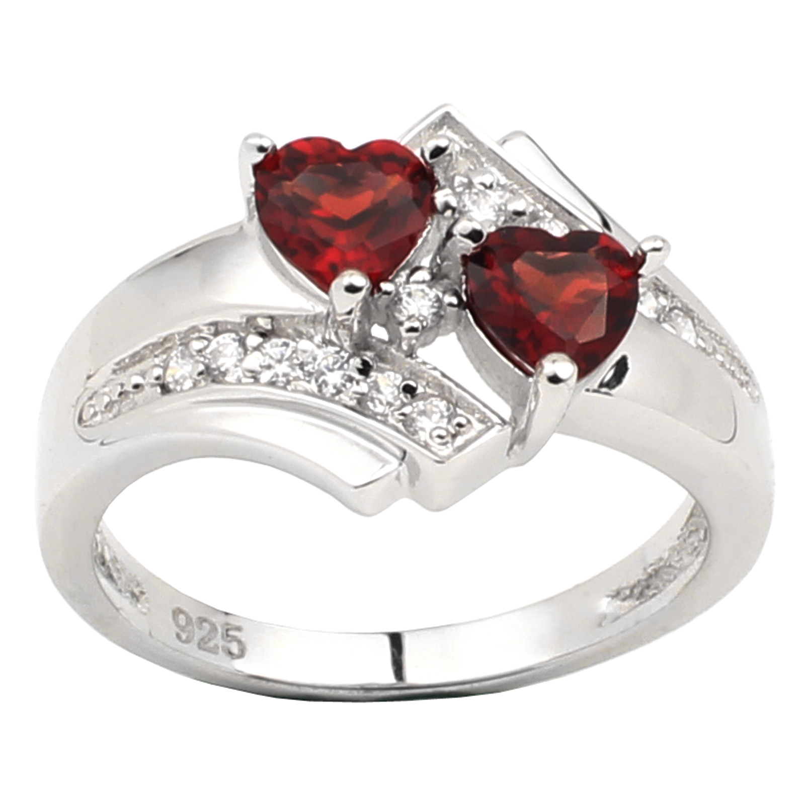 Twin Heart Red Garnet 925 Sterling Silver Ring Women Jewelry January Birthstone
