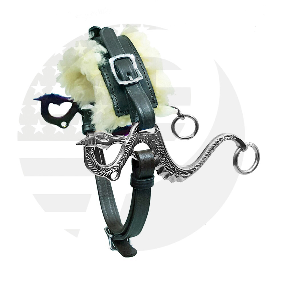 DRAGON Hackamore Bitless Horse Bit English Western Leather (BLACK) Genuine Fur