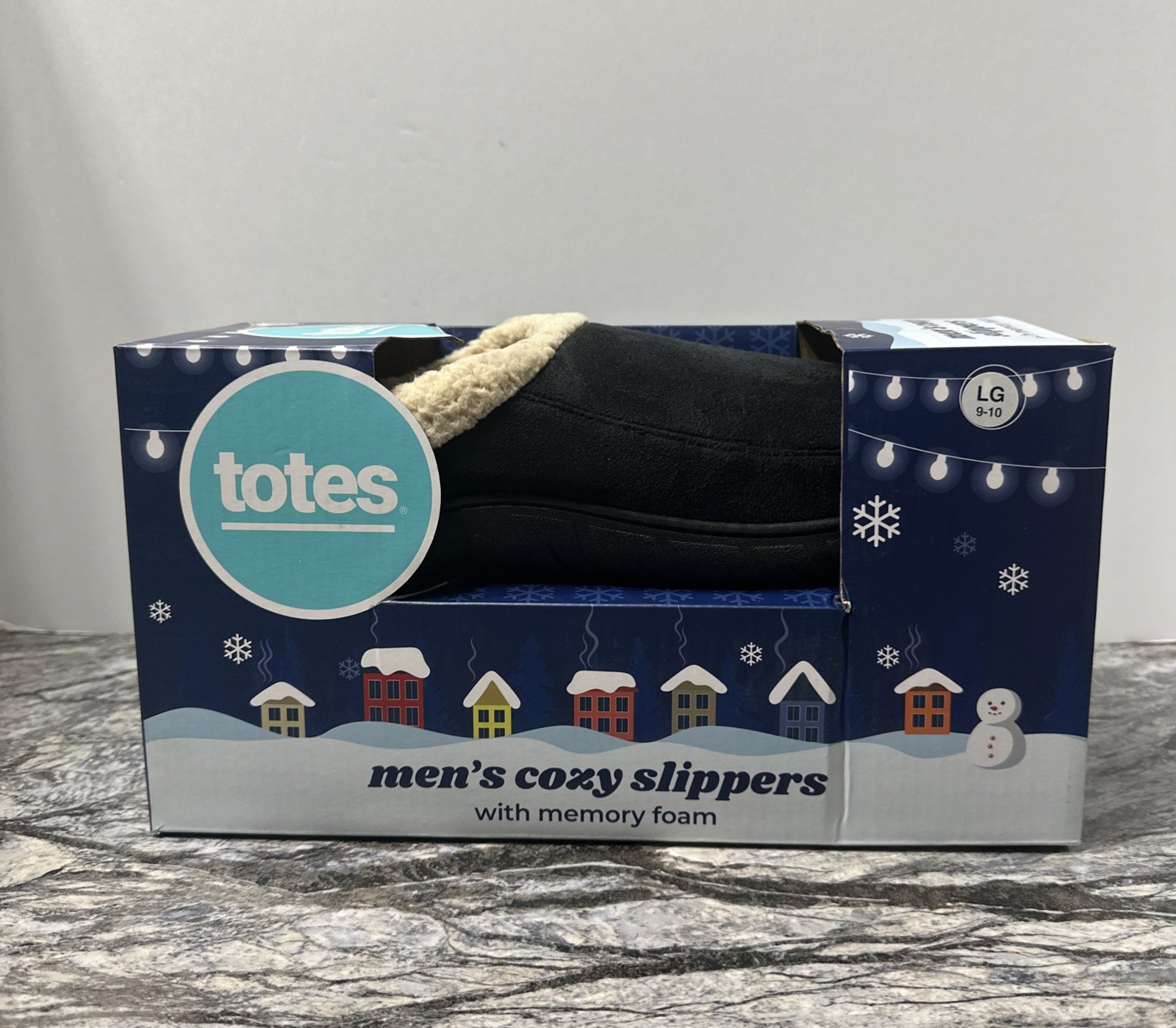New Totes Toasties Men’s Memory Foam Slippers LARGE (9-10) Black Faux Fur