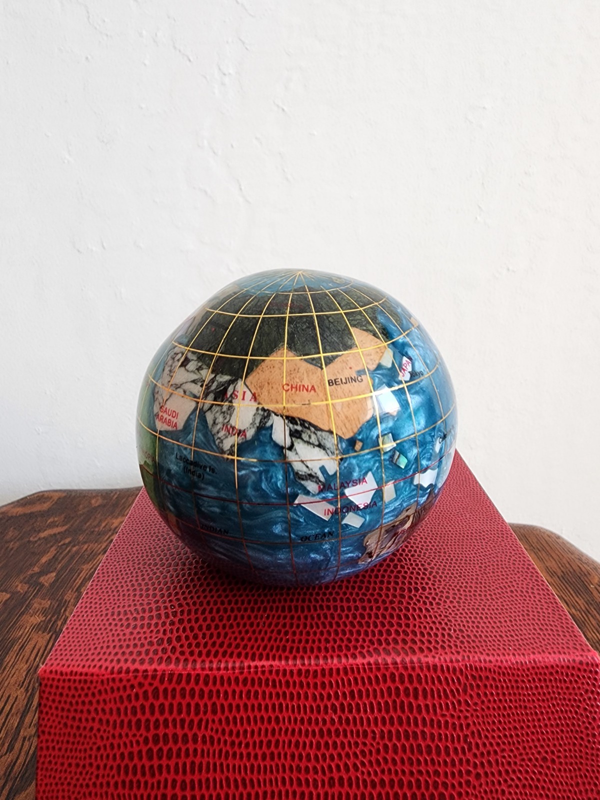 Handcrafted Gemstone Globe Paperweight in Decorative Red Box