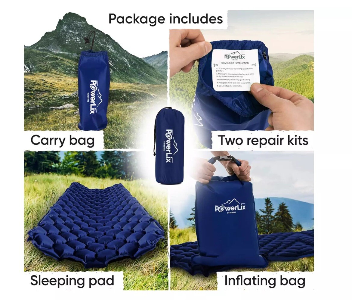 SLEEPING PAD Easy Inflatable Camping Mat, Blue Light Weight, Compact, Powerlix