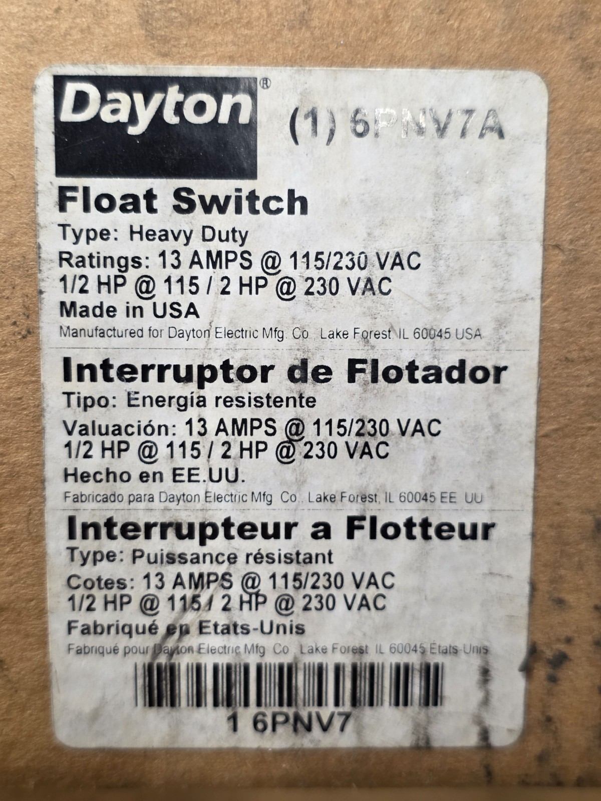 Dayton 6PNV7A Float Switch Heavy Duty