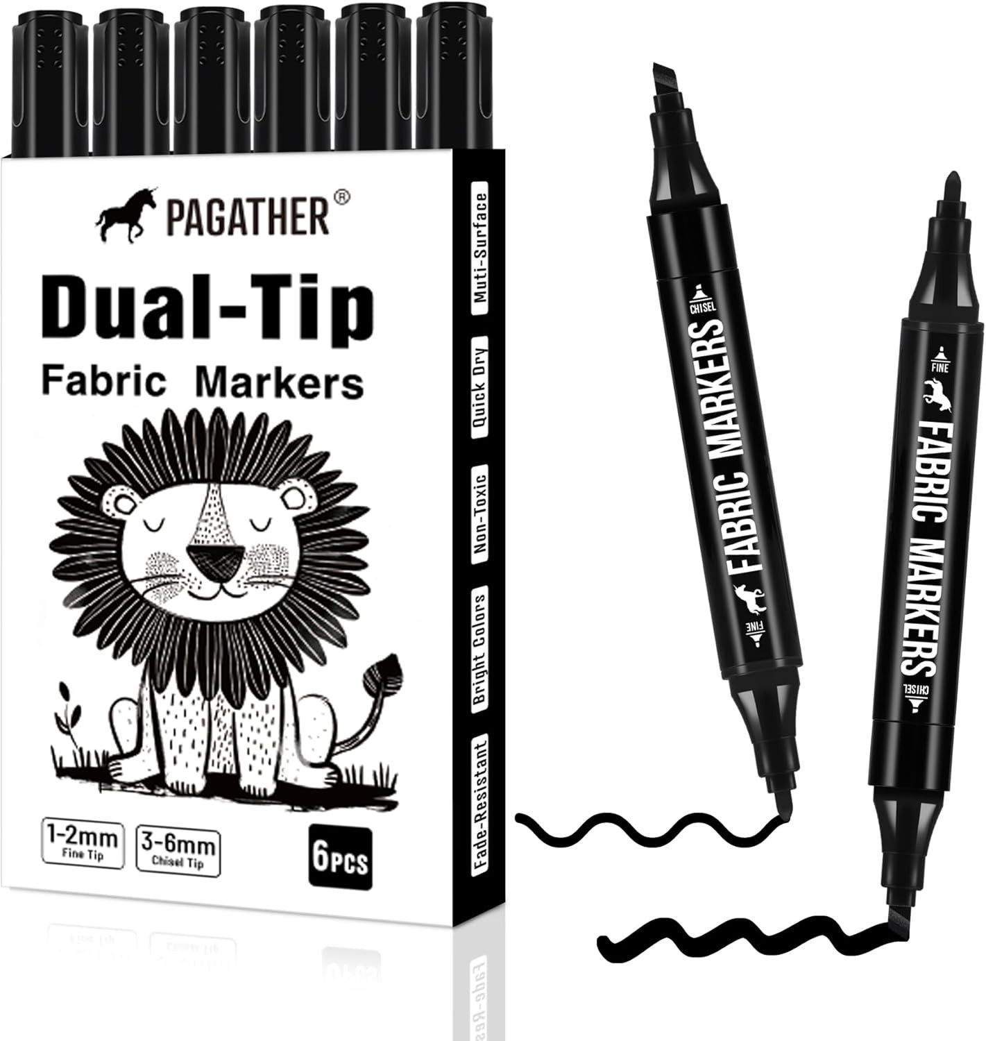 Fabric Markers Permanent for Clothes, 6 Pack Black Dual Tip with Fine and Chisel