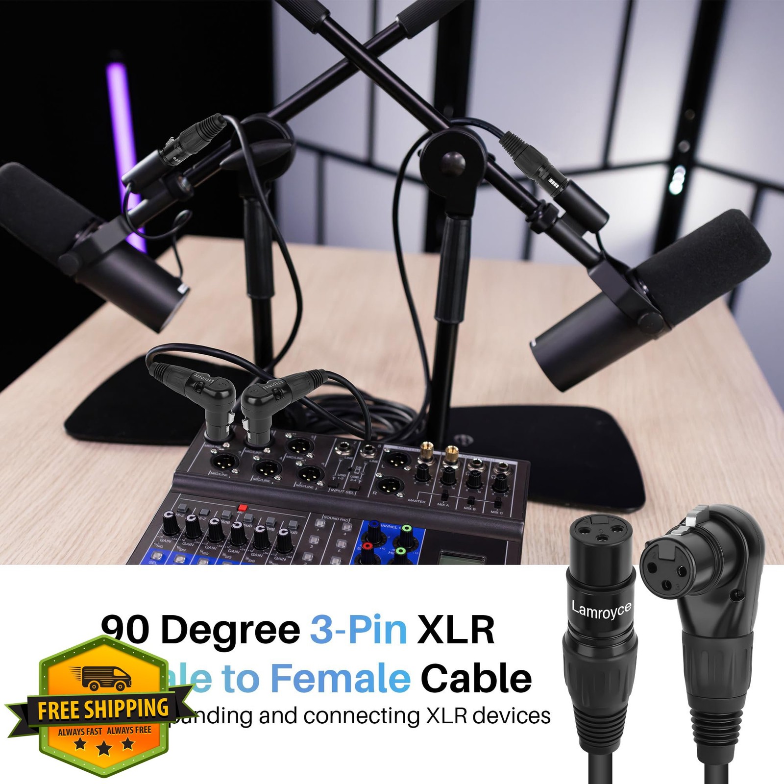 Right Angle XLR Mic Adapter Cable, 90 Deg, 1.5 Ft, 2-Pack