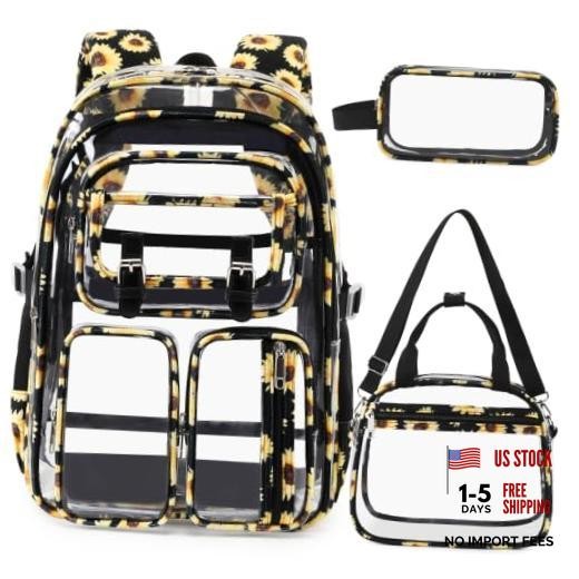 Clear Backpack for Girls - 3Pcs Heavy Duty Transparent Backpack Black Daisies