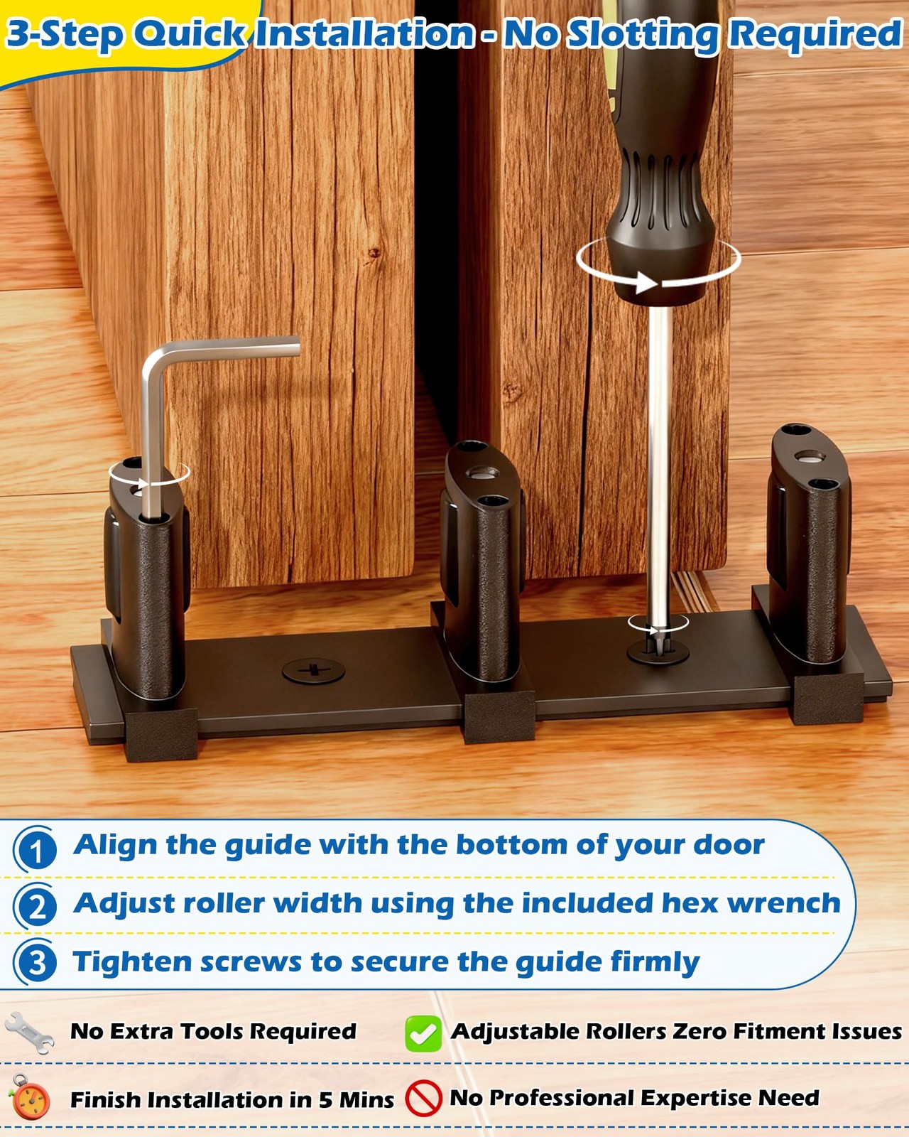 3-Roller Adjustable Sliding Closet Door Floor Guide - 2 Pack, Black