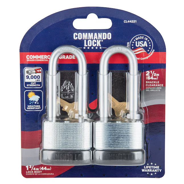 Commando Lock Made In U.S.A Keyed Padlock 1-3/4" Wide x 2-1/2" Shackle 2 -Pack