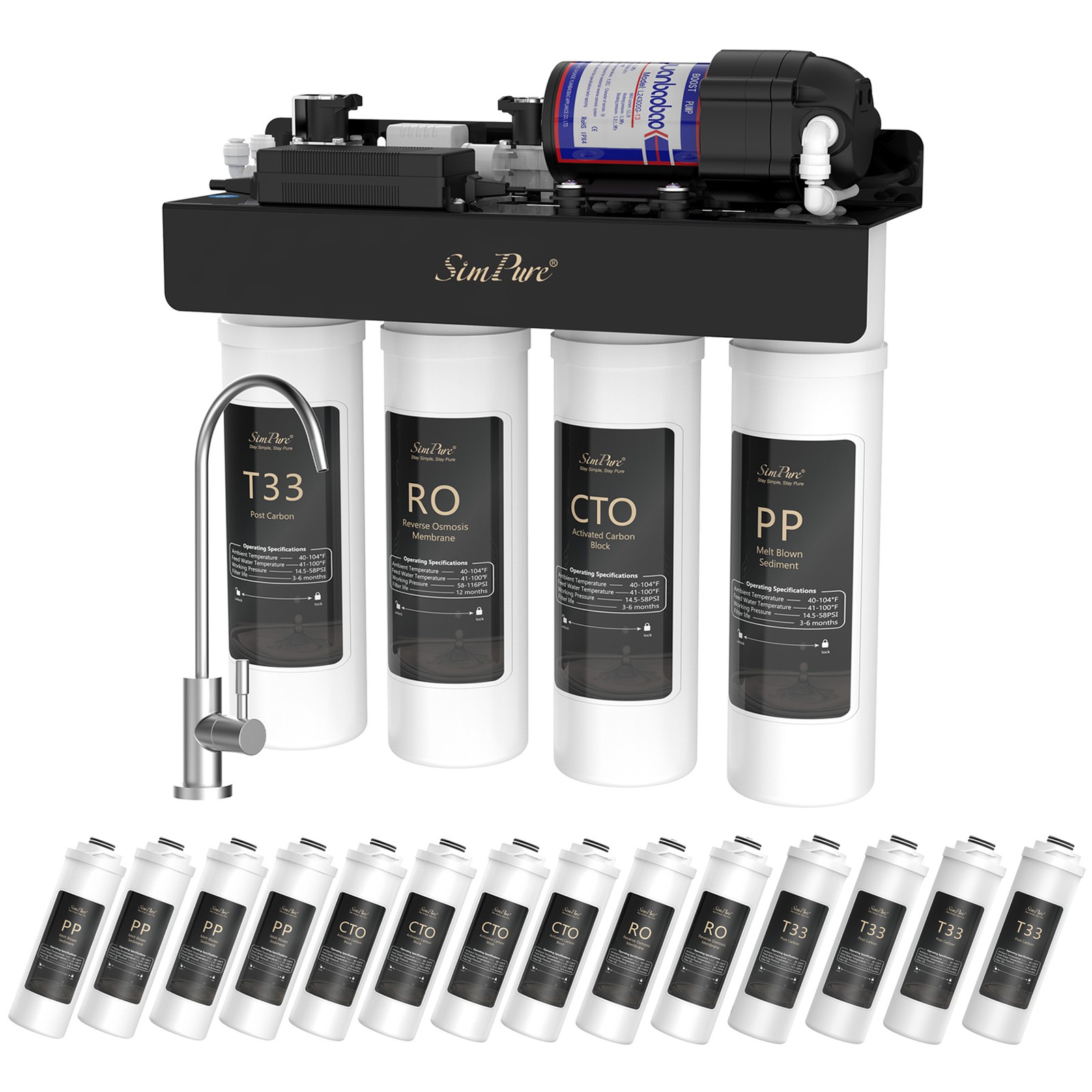SimPure 400GPD UV Reverse Osmosis System Under Sink Water Filters System 0 TDS