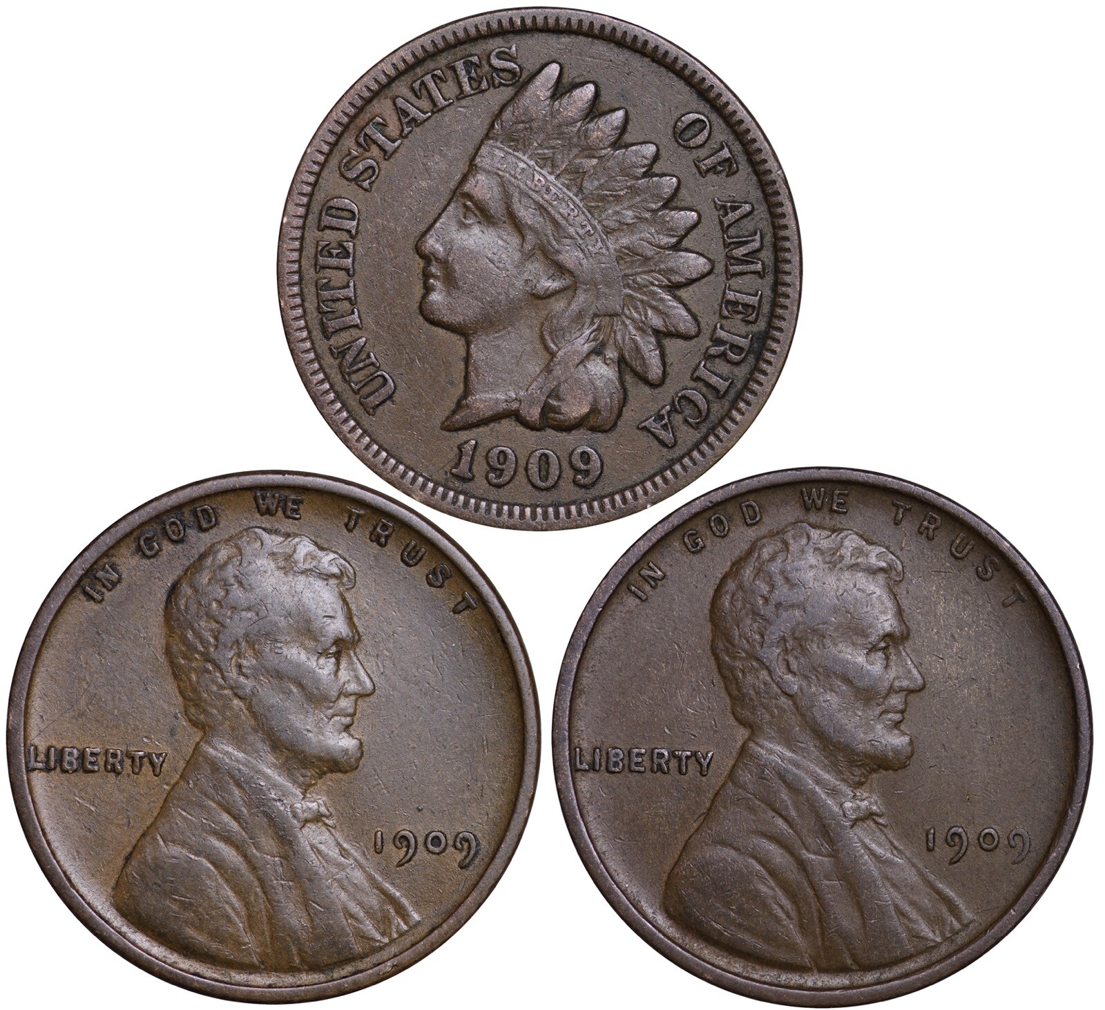 (3 PC. SET) 1909 , 1909 V.D.B. , 1909 Indian and Wheat Cent Penny Lot VF/XF