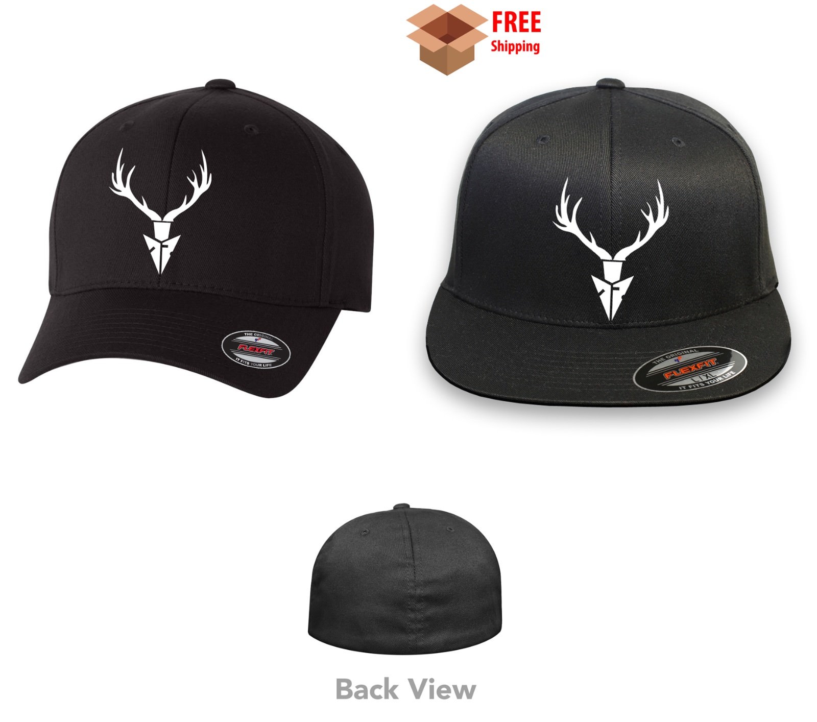 DEER HORNS BOW HUNTING ARROW CURVED or FLAT BILL FLEXFIT HAT