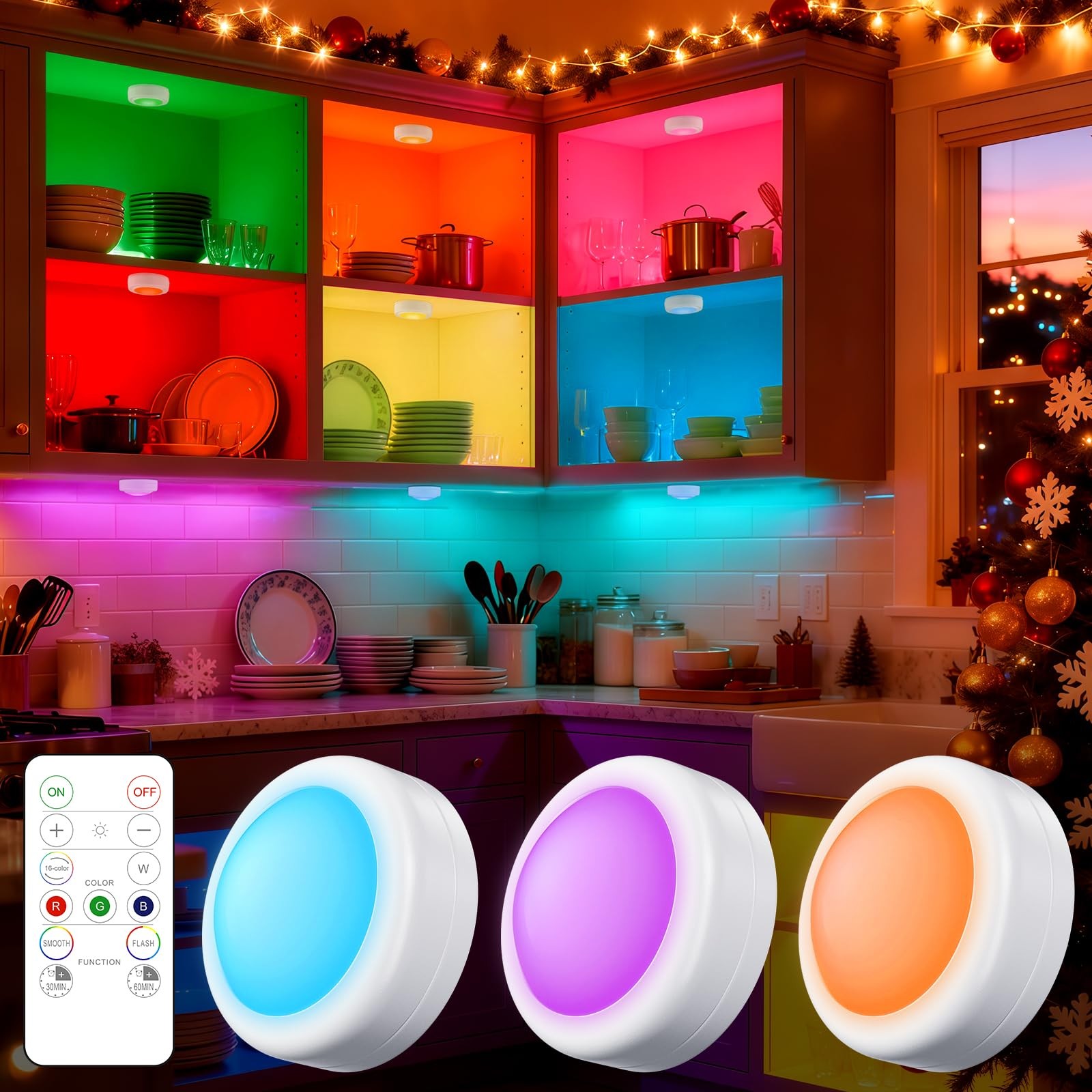 3 PCS White LED Puck Light Remote 16 Color Under Cabinet Battery Dimmer Timer