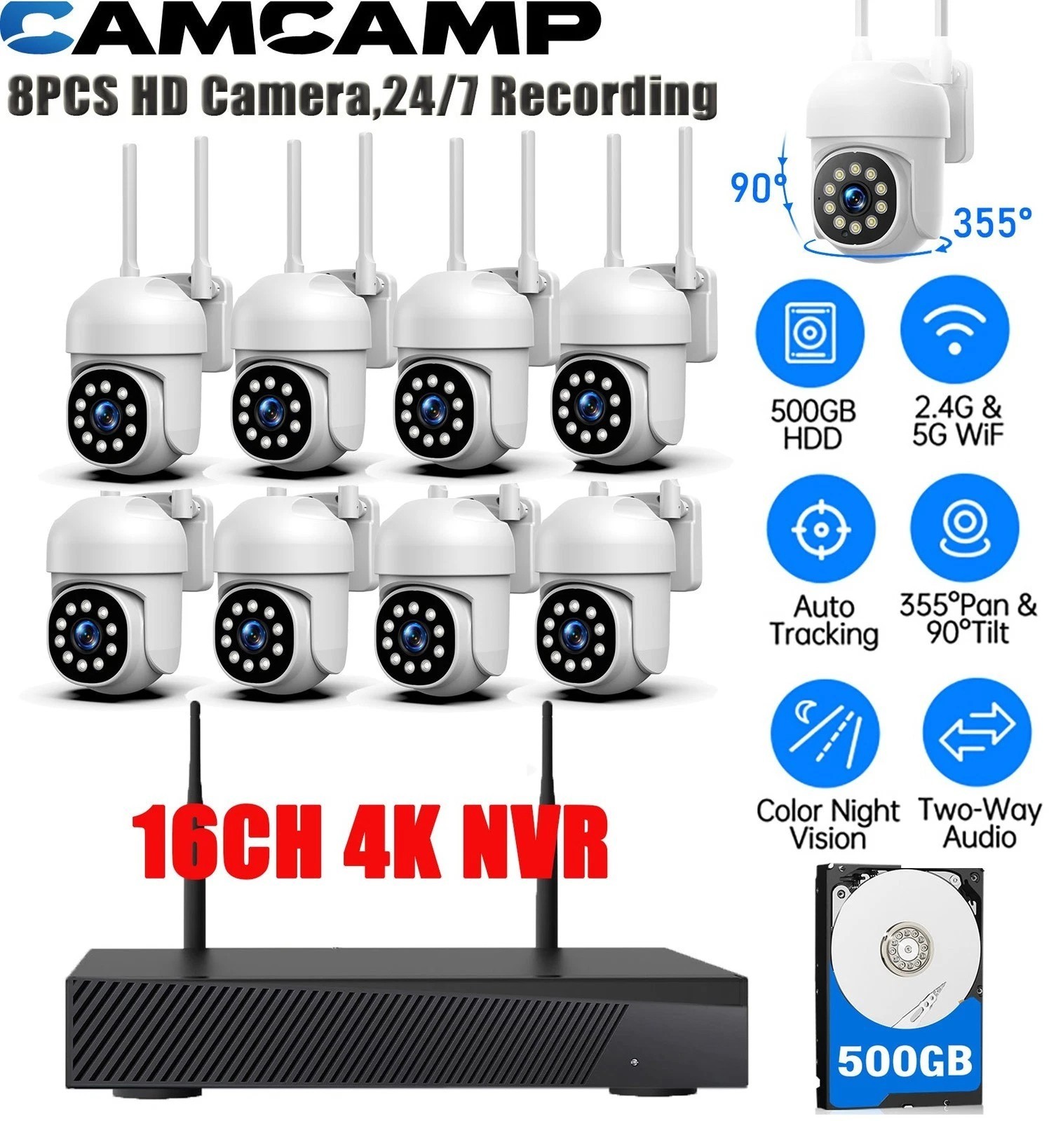 CAMCAMP 16CH 4K NVR 8PC PTZ WiFi Cameras Wireless Security Camera System Audio