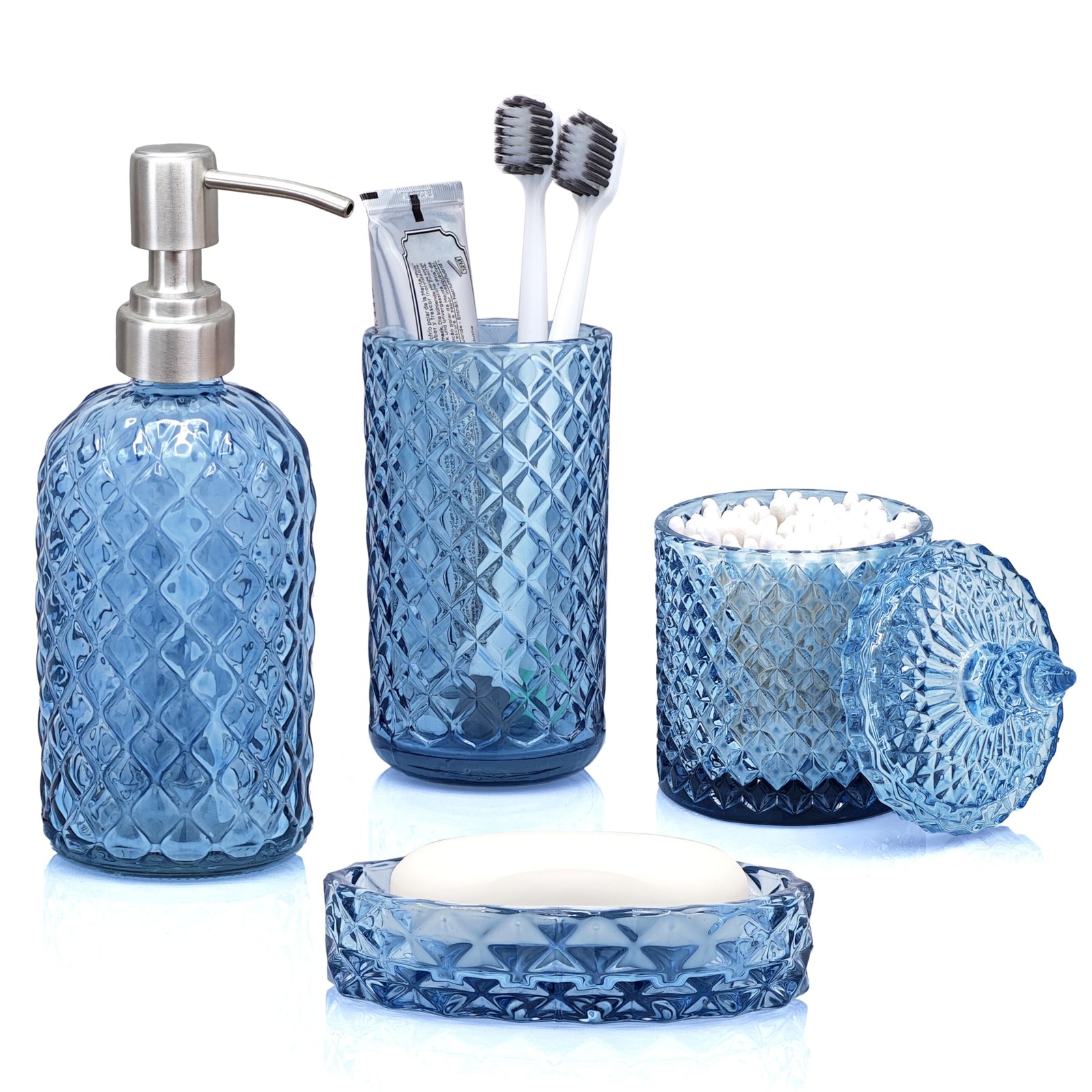 Blue Bathroom Accessories Set, 4Pcs Clear Glass Bathroom Accessory Set, Lotio...