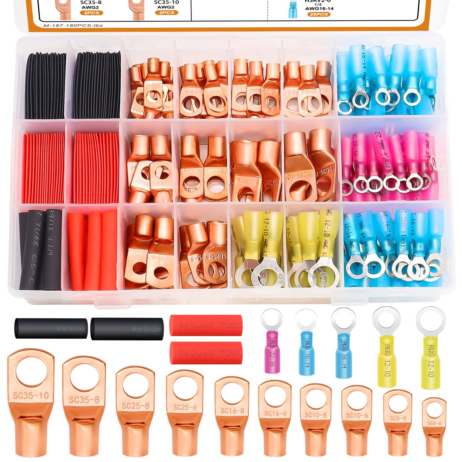 mankk 180PCS Copper Wire Lugs AWG 2 4 6 8 10 12 14 16 Gauge Battery Terminal ...