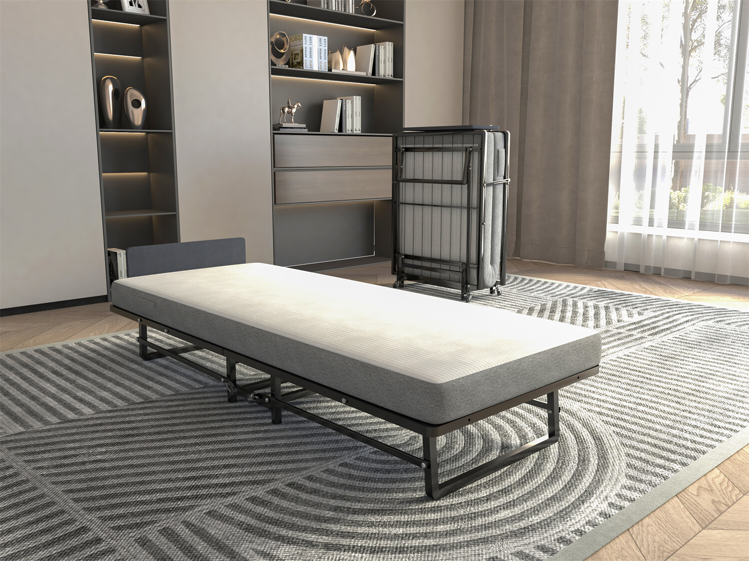 Folding Bed Frame w/ Foam Mattress Portable Rollaway Bed Metal Frame Black US