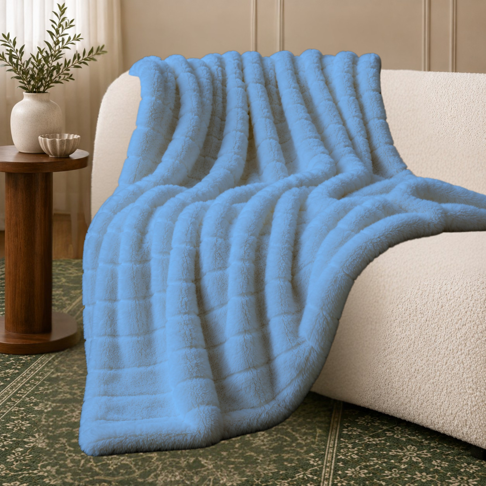 Luxury Ribbed Sherpa Throw Blanket Ultra Soft Reversible Plush Blanket