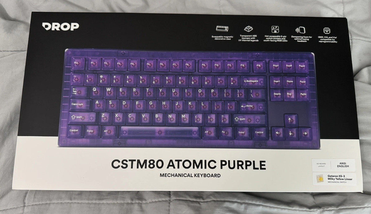 New Drop CSTM80 Atomic Purple TKL RGB Mechanical Keyboard Gateron Milky Yellow