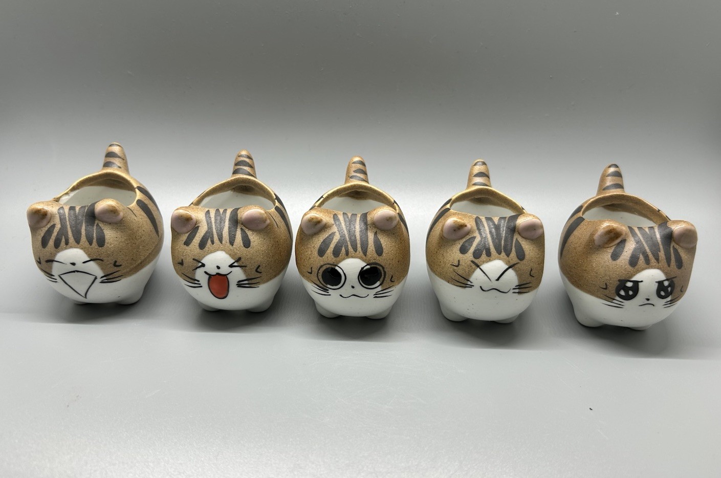 Mini Cute Cat Cartoon Ceramic Succulent Pots Planters Drainage Hole - Set of 5