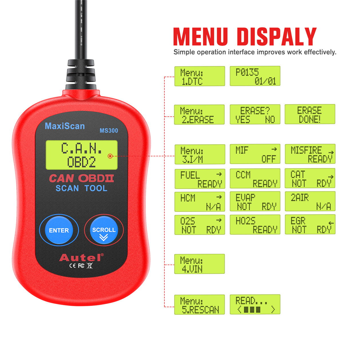 Autel MS300 OBD2 Scanner Code Reader, Turn Off Check Engine Light CAN Diagnostic